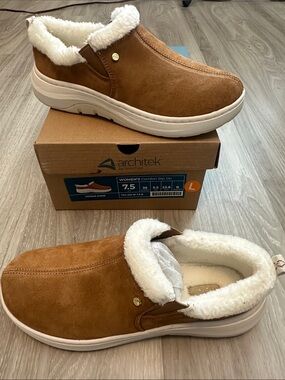 Architect Women's Cognac Slip-On Clog Mules with White Faux Fur Trim